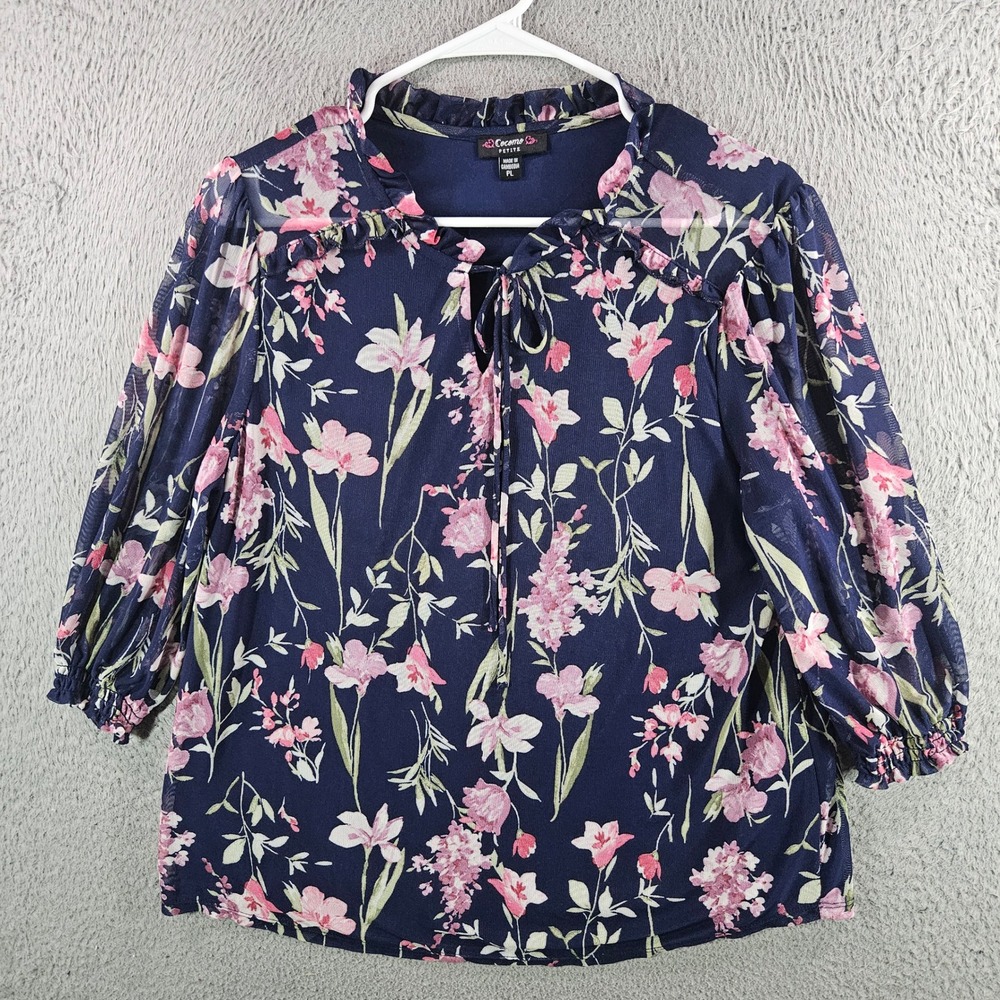 Cocomo Petite Navy Pink Floral Mesh Blouse Ruffle Neck Keyhole Top PL